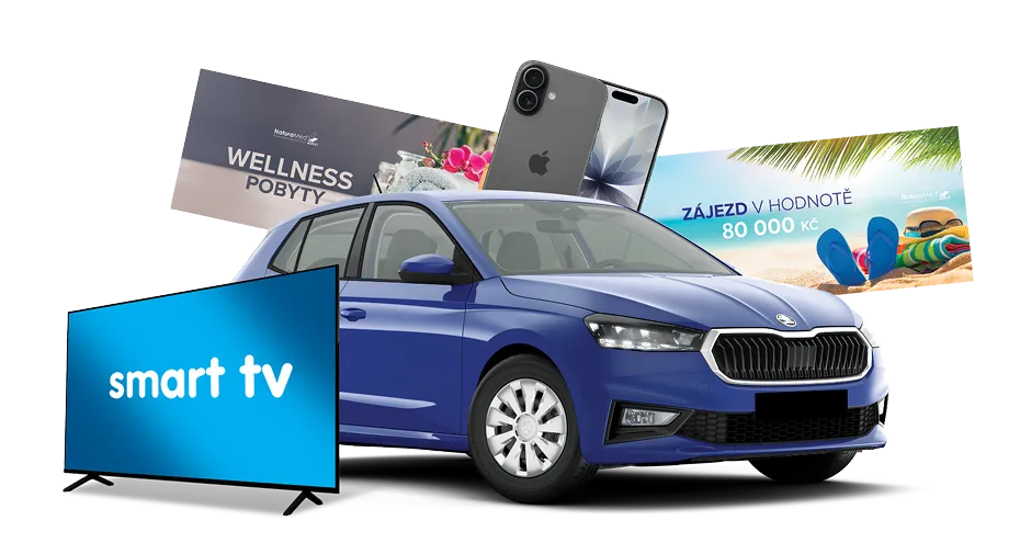 Hlavní výhry soutěže: Škoda Fabia, Zájezd, Smart TV, iPhone